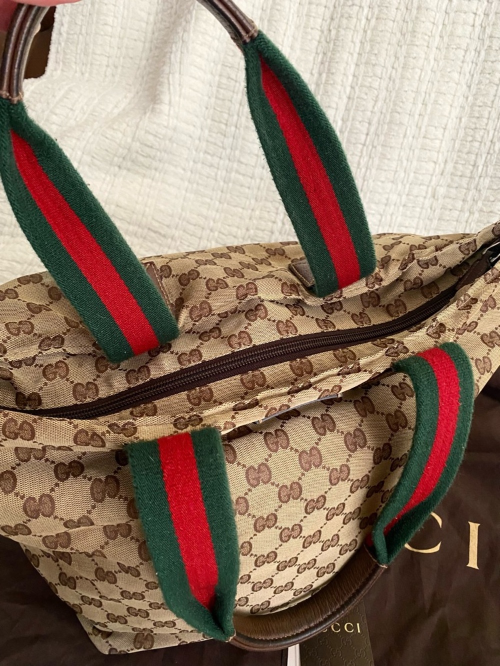 Gucci GG Supreme Canvas Tote Bag Web Stripe Handles Beige Brown - Picture 15 of 15